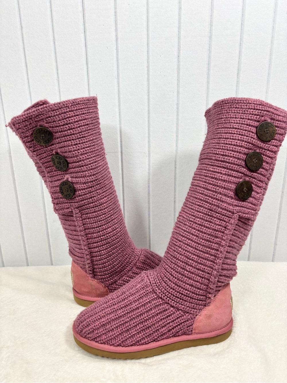 UGG Tall Cardy Knit Button Boots in Mauve Pink size 8